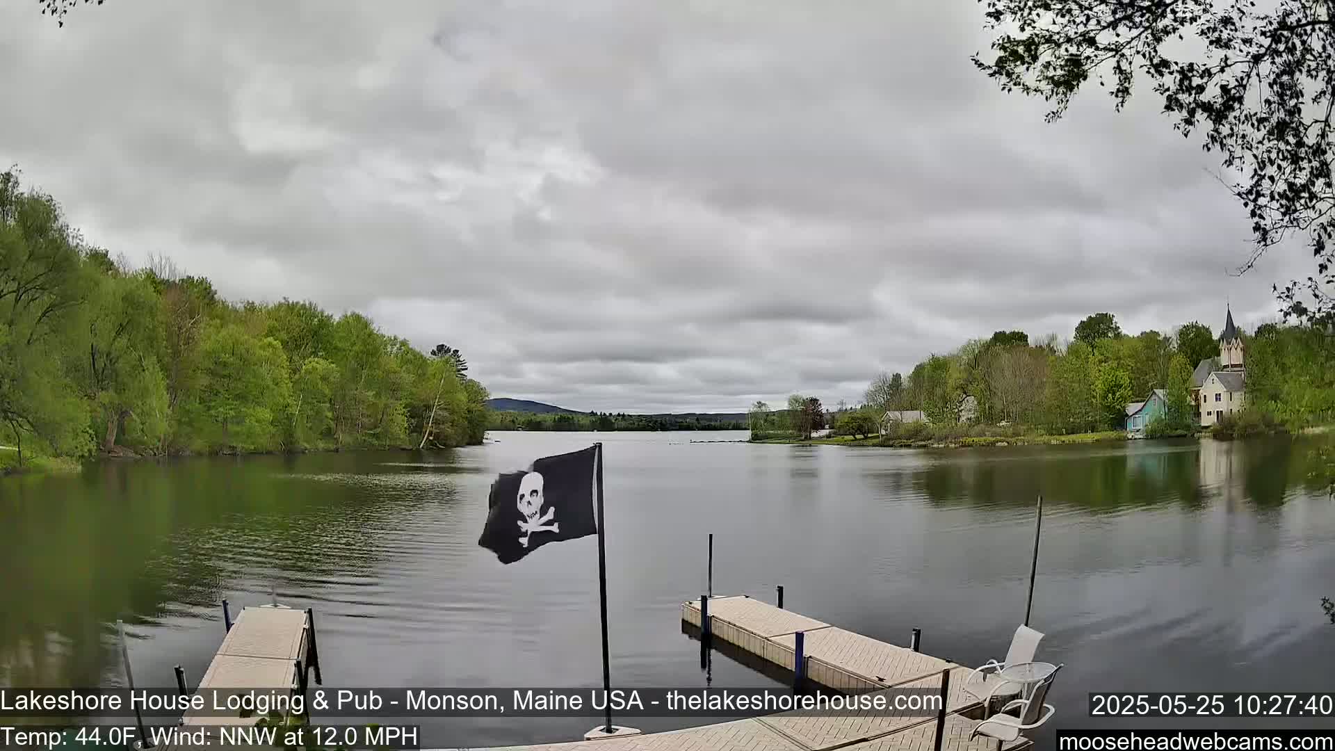 A calm lake under a cloudy sky is viewed from a dock, with a skull and crossbones flag and lush green trees lining the shore.