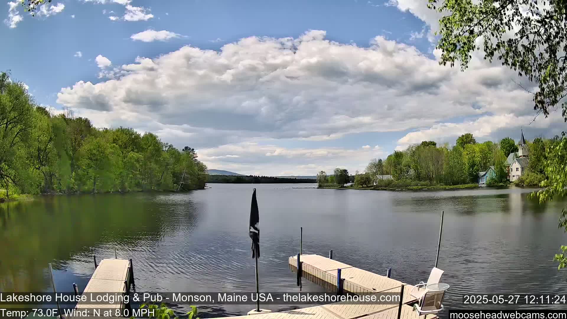 A calm lake with two docks is seen under a partly cloudy sky, surrounded by lush green trees and a small village in the distance.