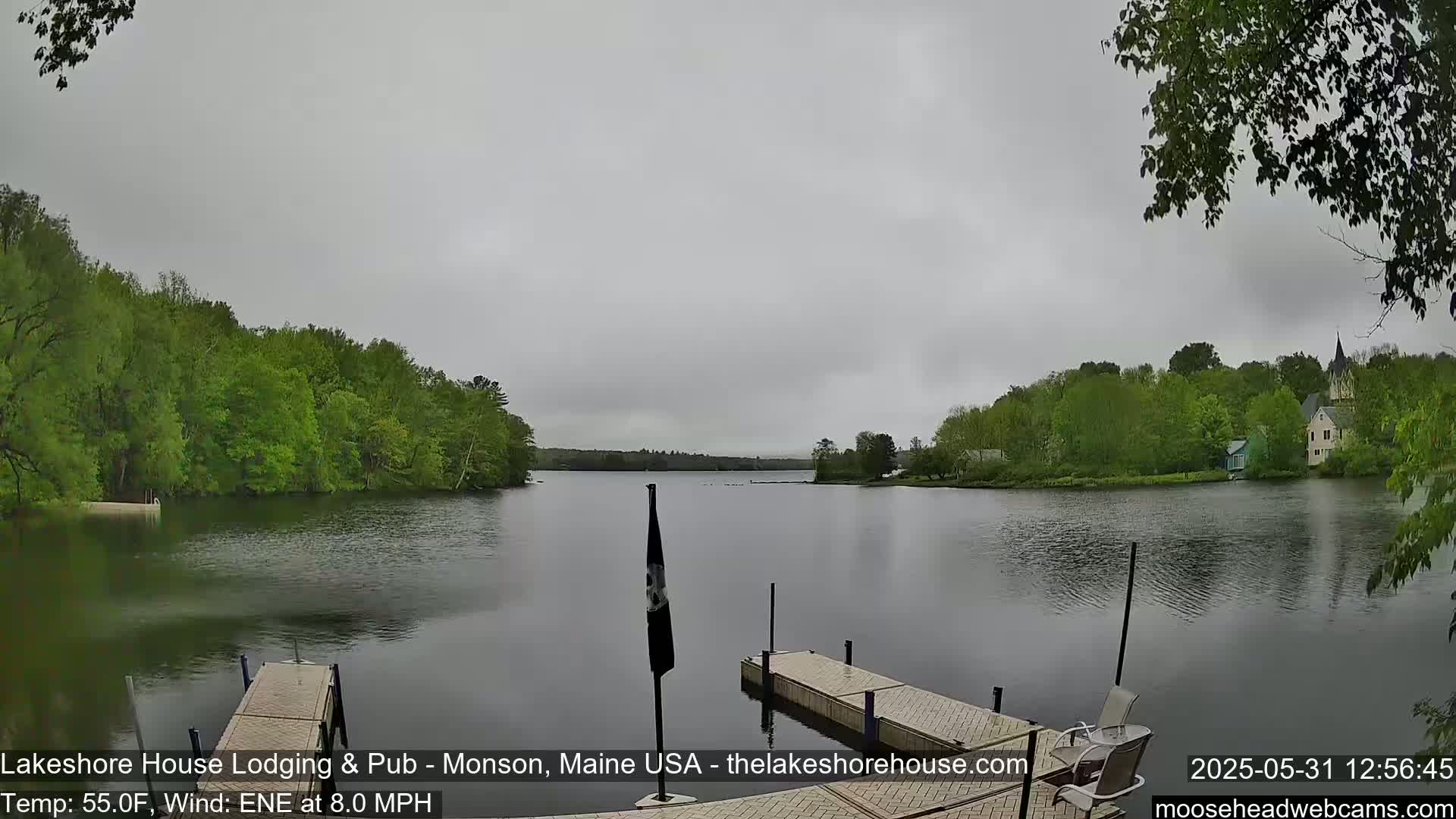 A calm lake, under an overcast sky, is viewed from a dock, with lush green trees lining the shoreline and buildings visible in the distance.