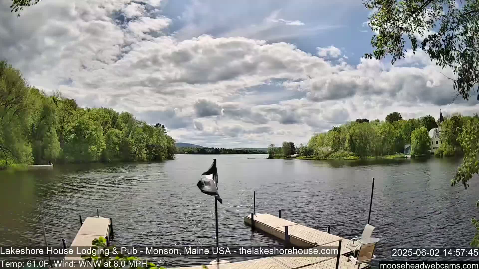A calm lake with two docks is seen under a partly cloudy sky, with green trees lining the shore and a building visible in the distance.
