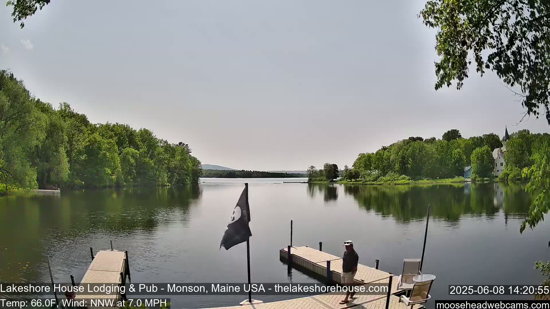 A calm lake is seen from a lakeside dock on a partly sunny day, with a person standing on the dock and green trees lining the shore.