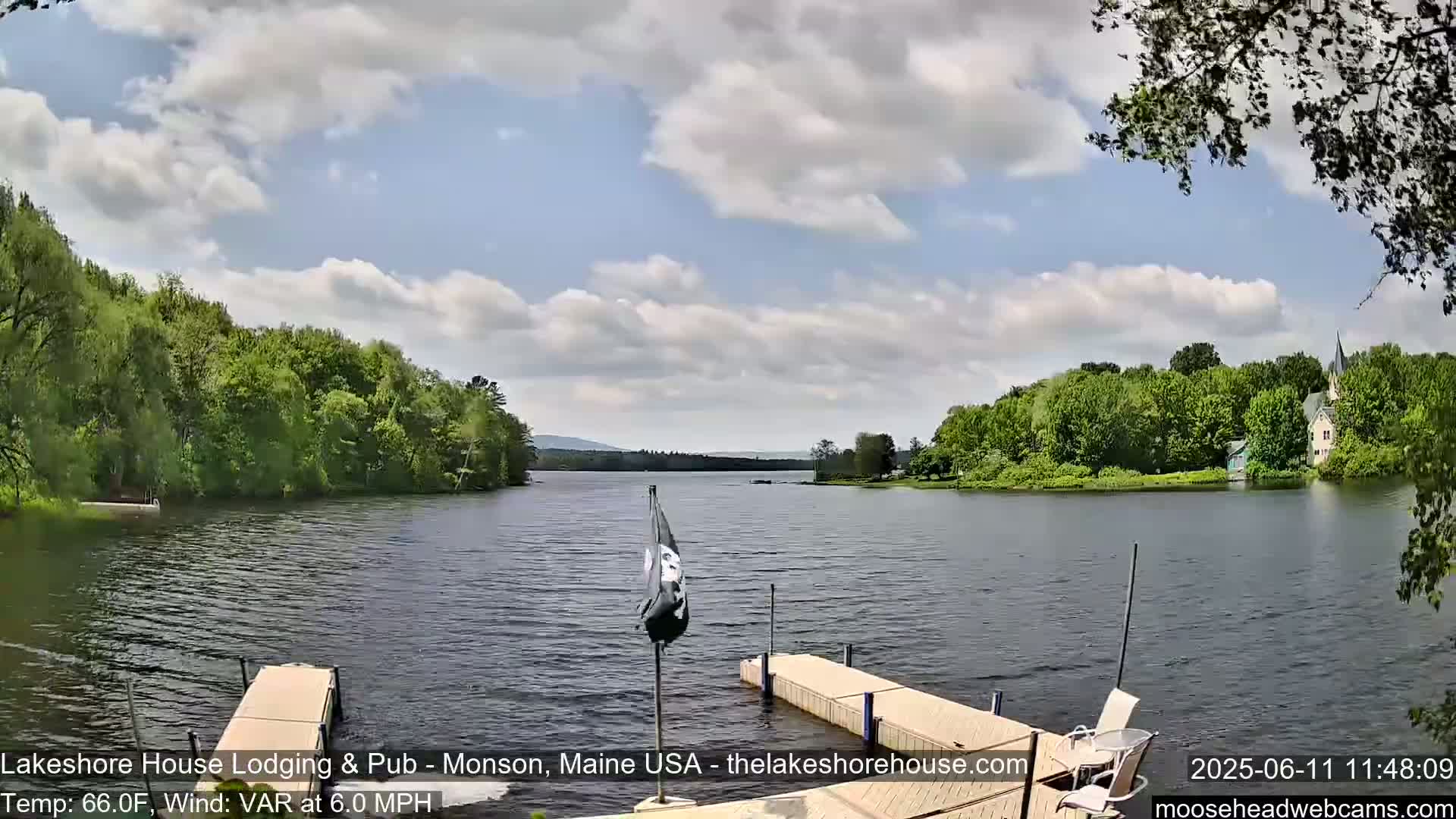 A calm lake under a partly cloudy sky is viewed from a dock, with green trees lining the shore and a building visible in the distance.