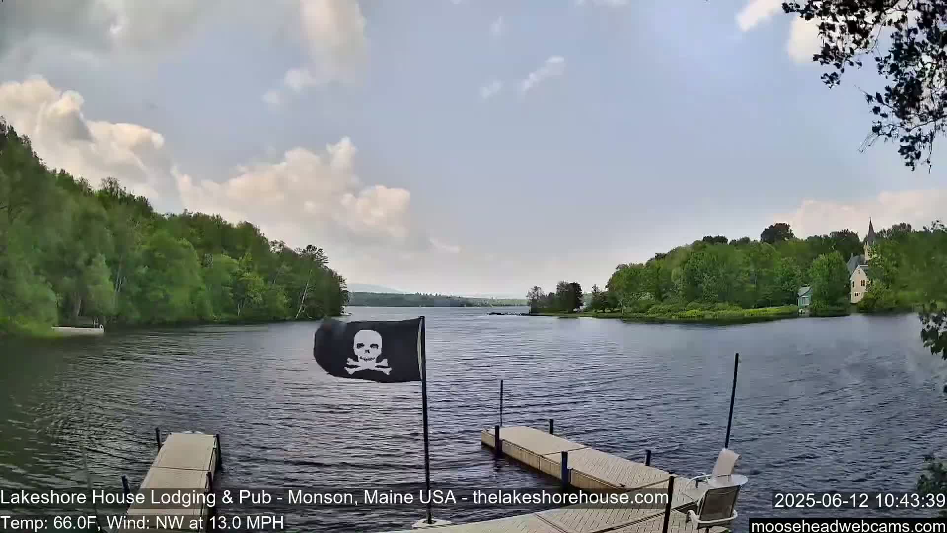A calm lake with a pirate flag, surrounded by lush green trees and a building on the far shore, under a partly cloudy sky.