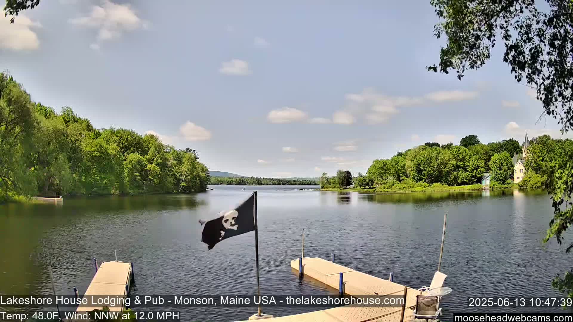 A calm lake with a partly cloudy sky, surrounded by lush green trees and a small dock with a pirate flag.