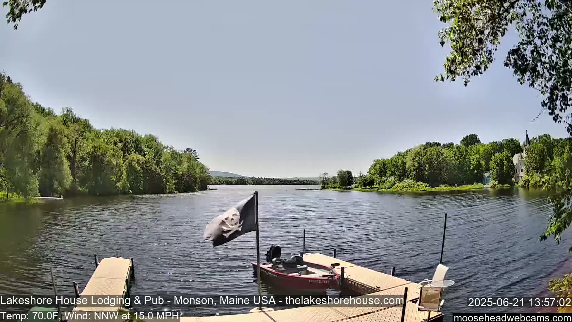 A calm lake with a small motorboat docked at a wooden pier, surrounded by lush green trees under a clear, sunny sky.