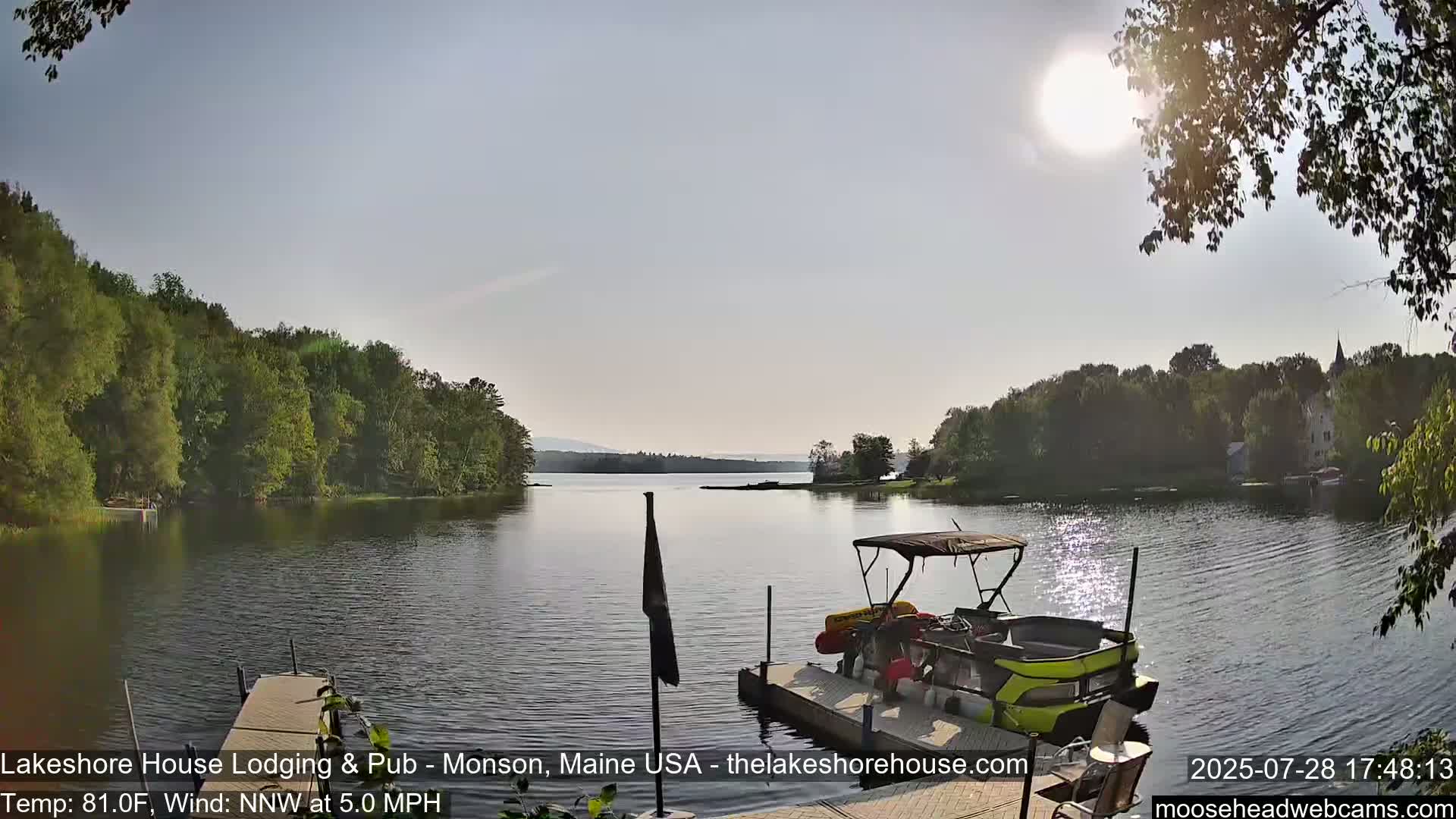 A pontoon boat is docked on a calm lake surrounded by lush green trees under a bright, sunny sky.