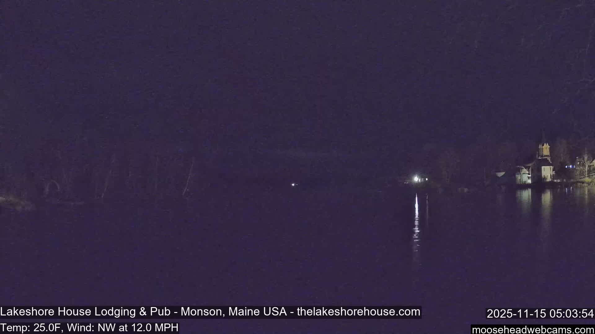 A cold, clear night scene overlooks a calm body of water, reflecting lights from buildings and bare trees lining the dark shores.