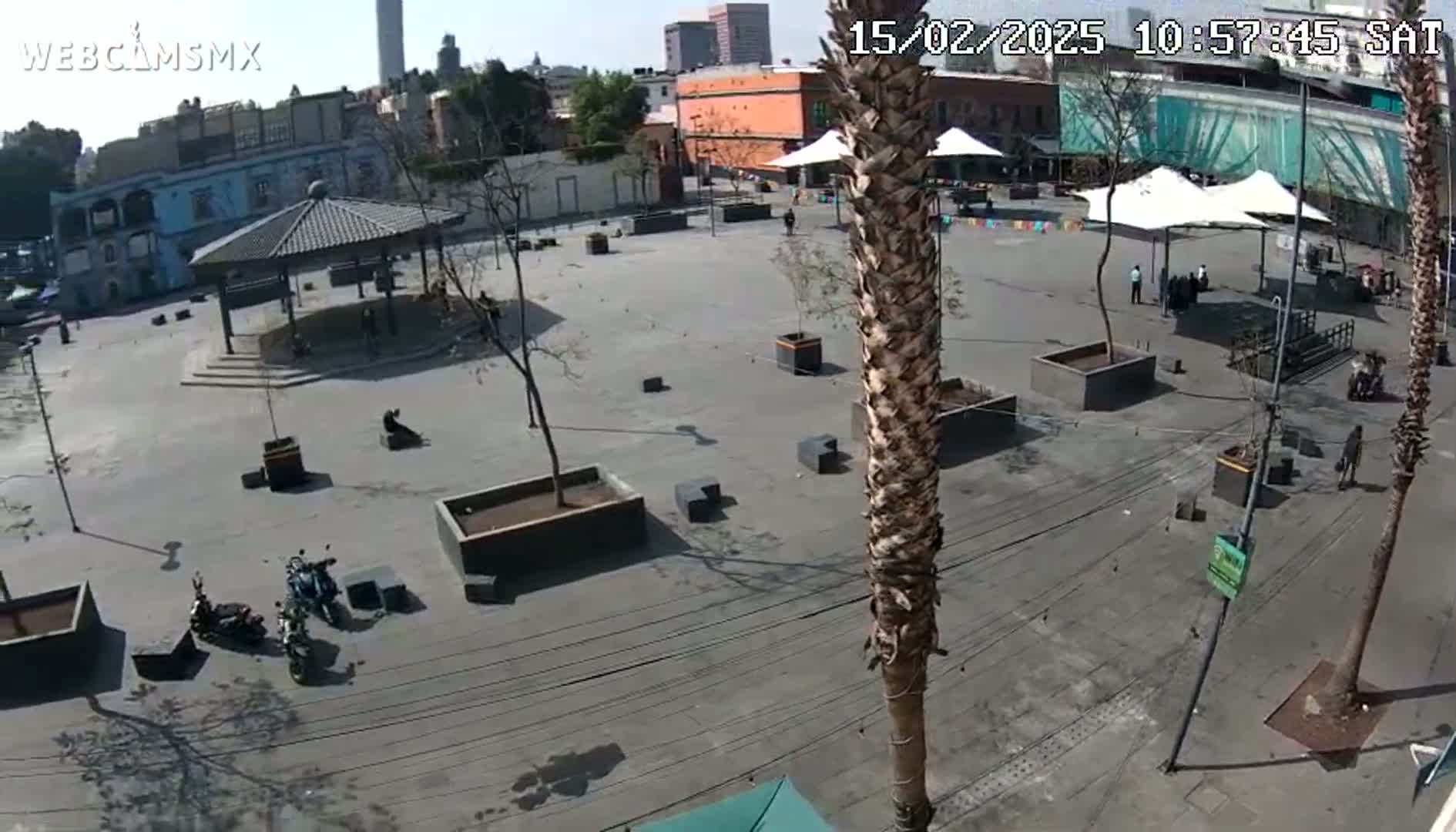 A mostly empty plaza with a gazebo, several palm trees, and a few people is seen on a sunny day.
