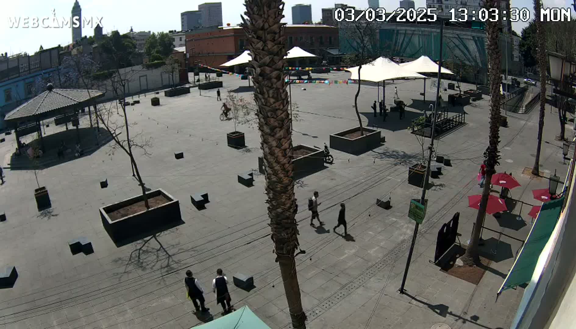 A paved plaza with several people, small structures, and palm trees under a sunny sky.