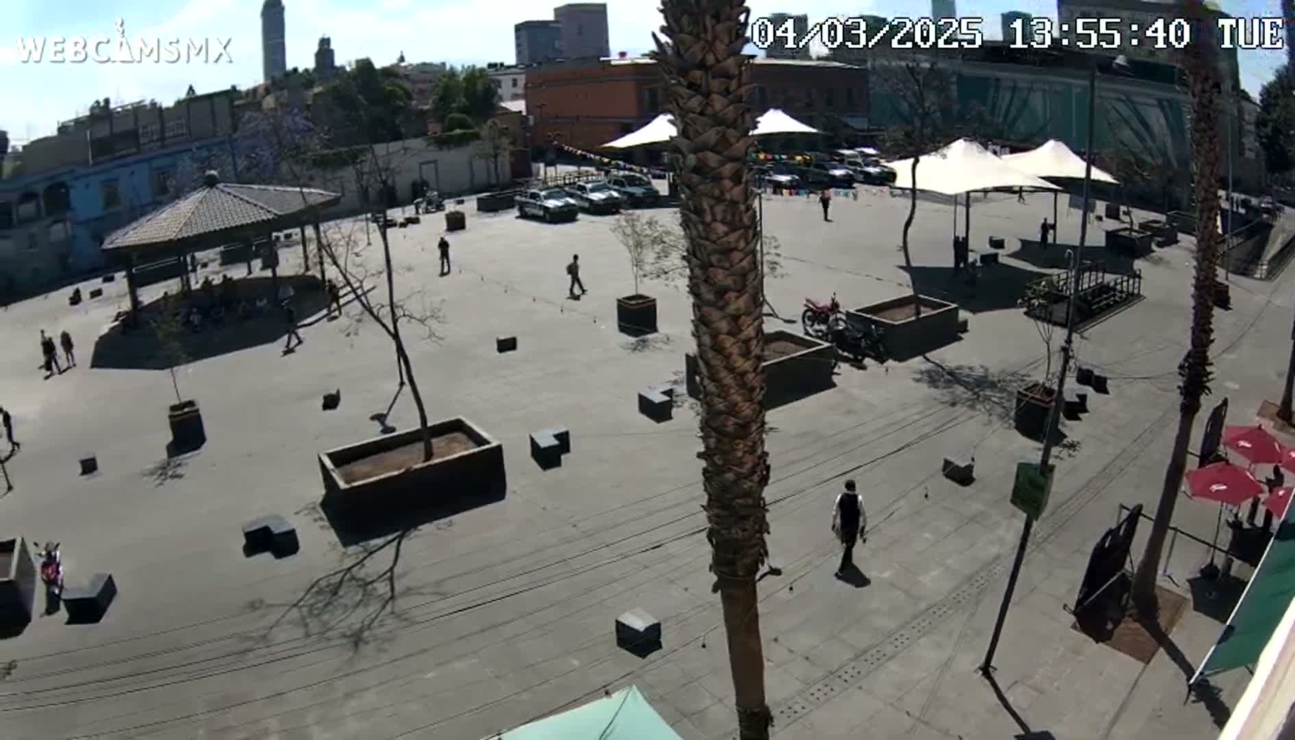 A sunny plaza with a gazebo, palm trees, several people walking around, and parked cars along the edge.
