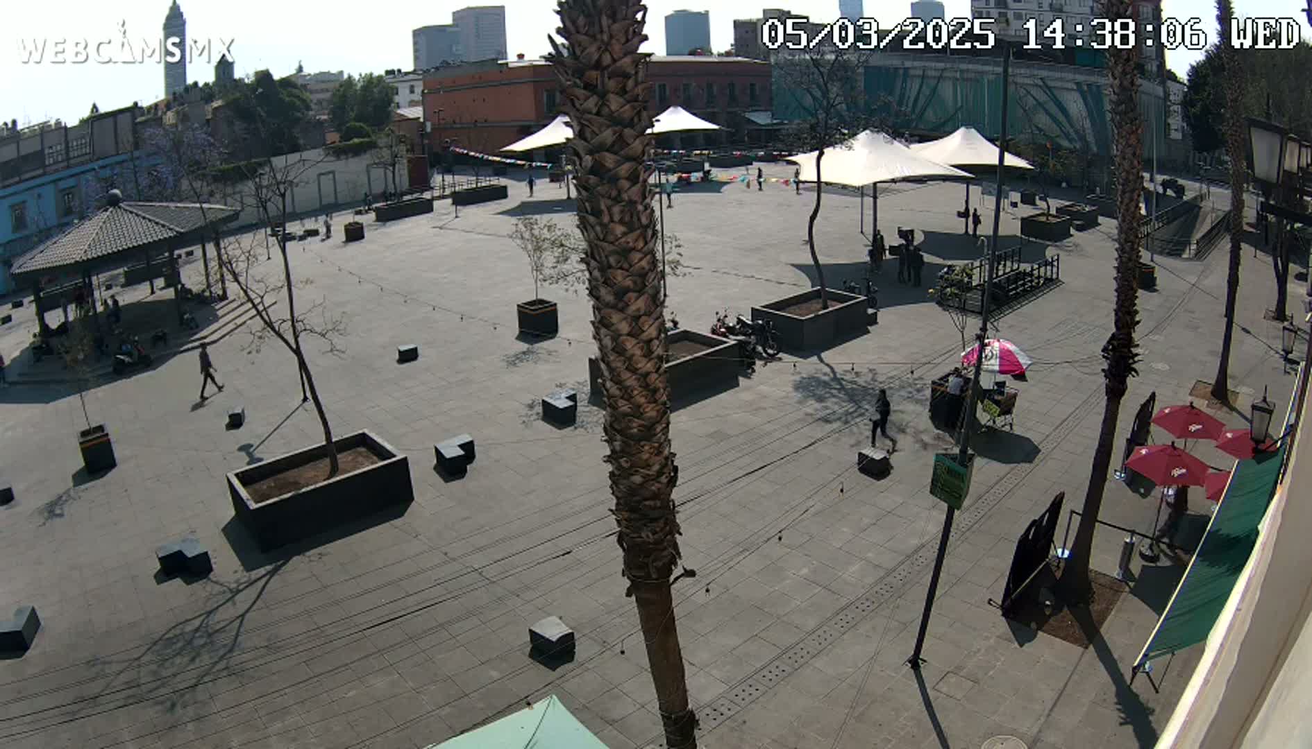 A sunny plaza with several people, trees in planters, and outdoor seating under umbrellas.