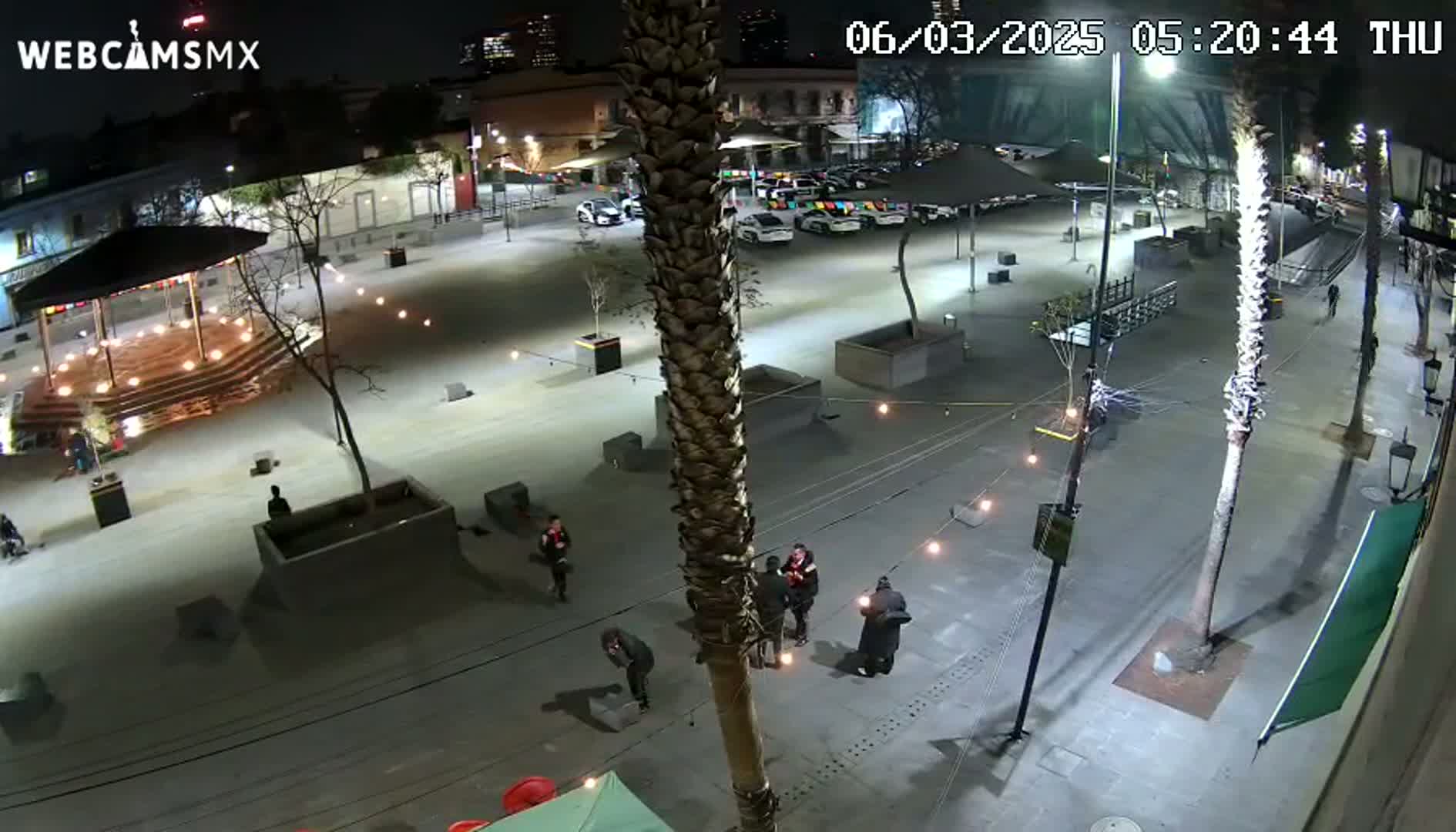A nighttime, outdoor view of a plaza with several people, cars parked in a lot, palm trees, and string lights.