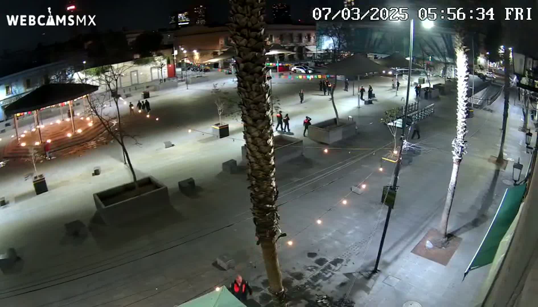 A nighttime, high-angle view shows a mostly empty plaza with a few people walking around, illuminated by artificial lights, and a tall palm tree in the center.