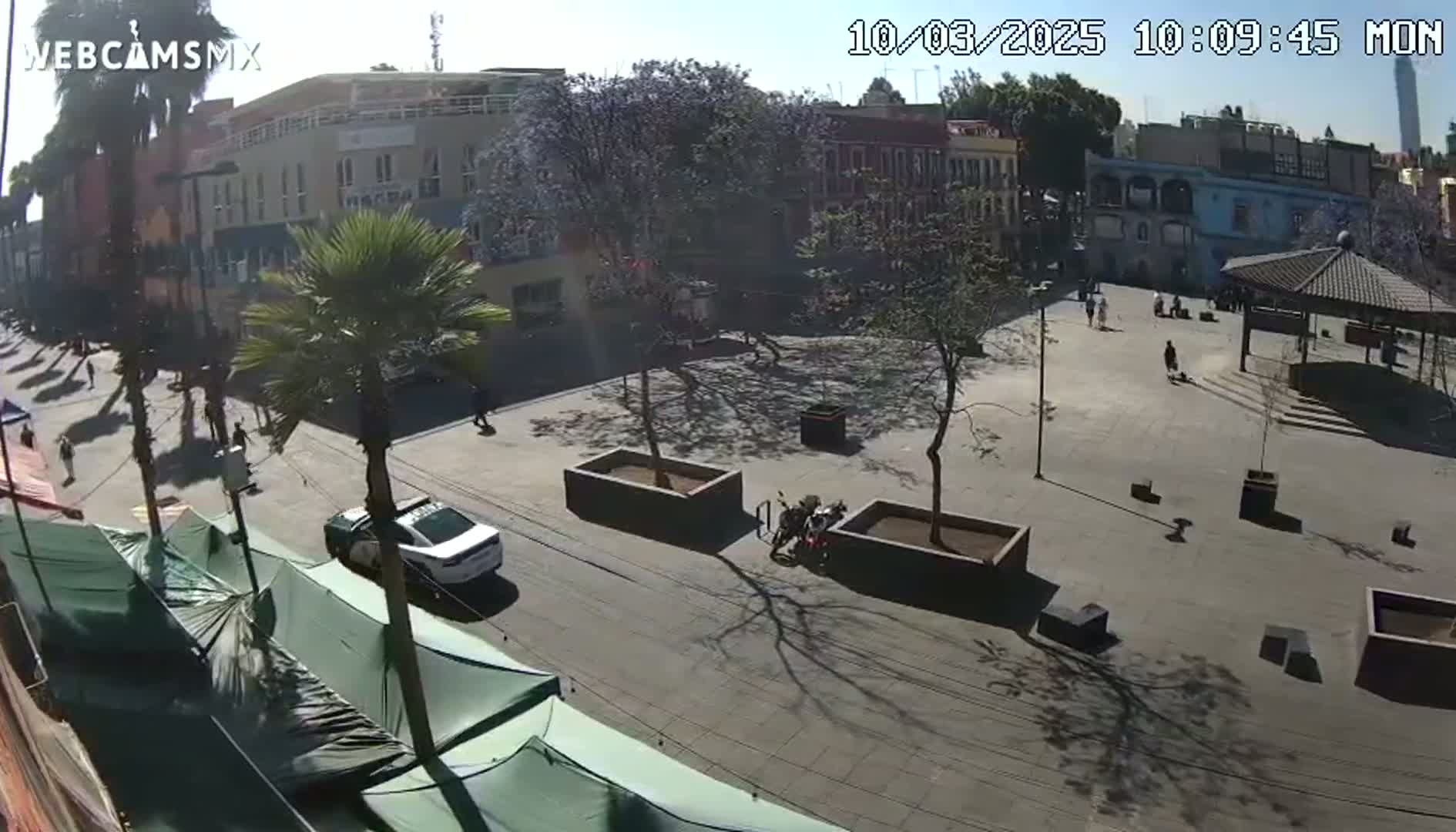 A sunny, mostly empty plaza with several buildings and palm trees surrounding it, and a police car parked on a street nearby.