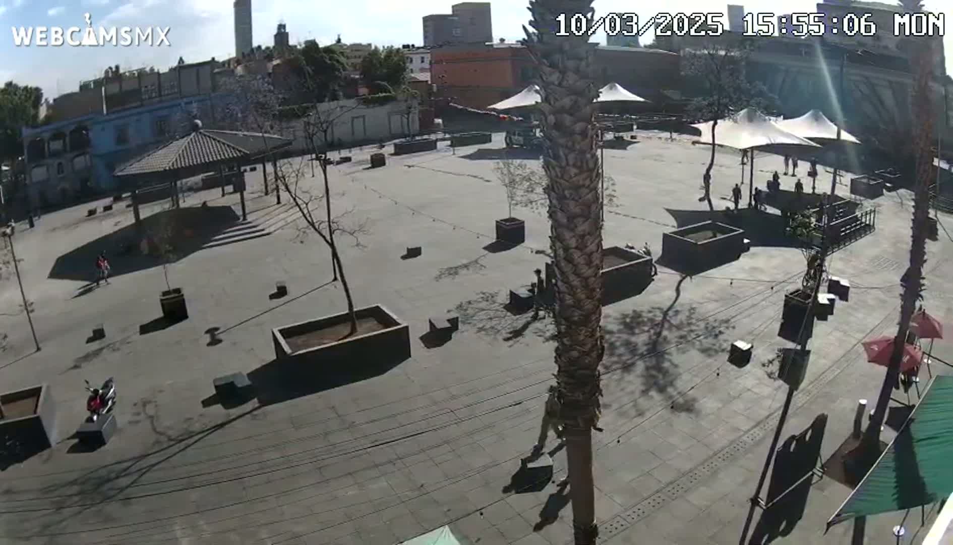 A mostly empty plaza with several trees, planters, and pavilions is seen on a sunny day.
