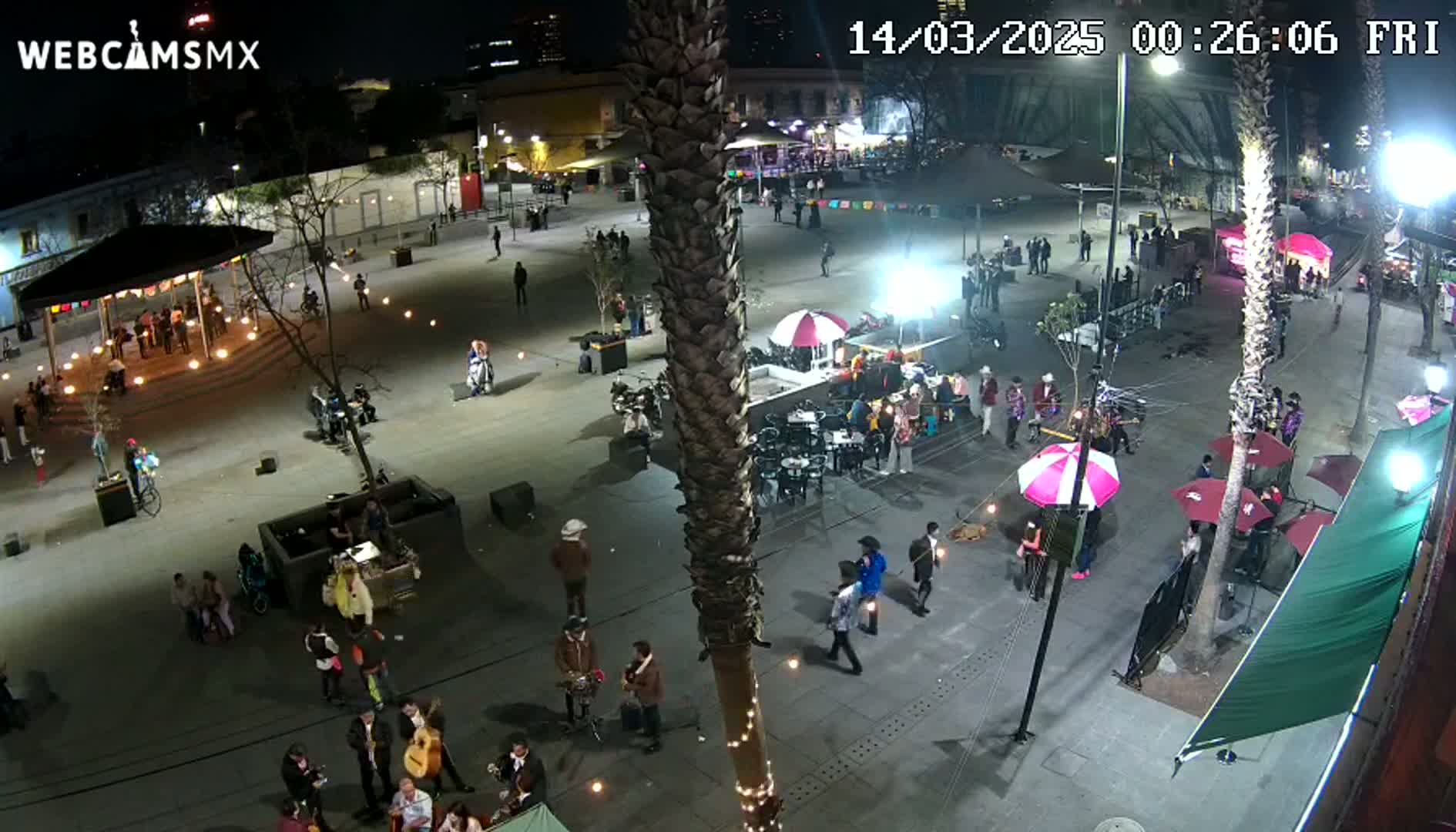 A nighttime aerial view of a plaza with people gathered in groups, some seated at outdoor tables under umbrellas, with string lights illuminating the paved area and a tall palm tree in the center.
