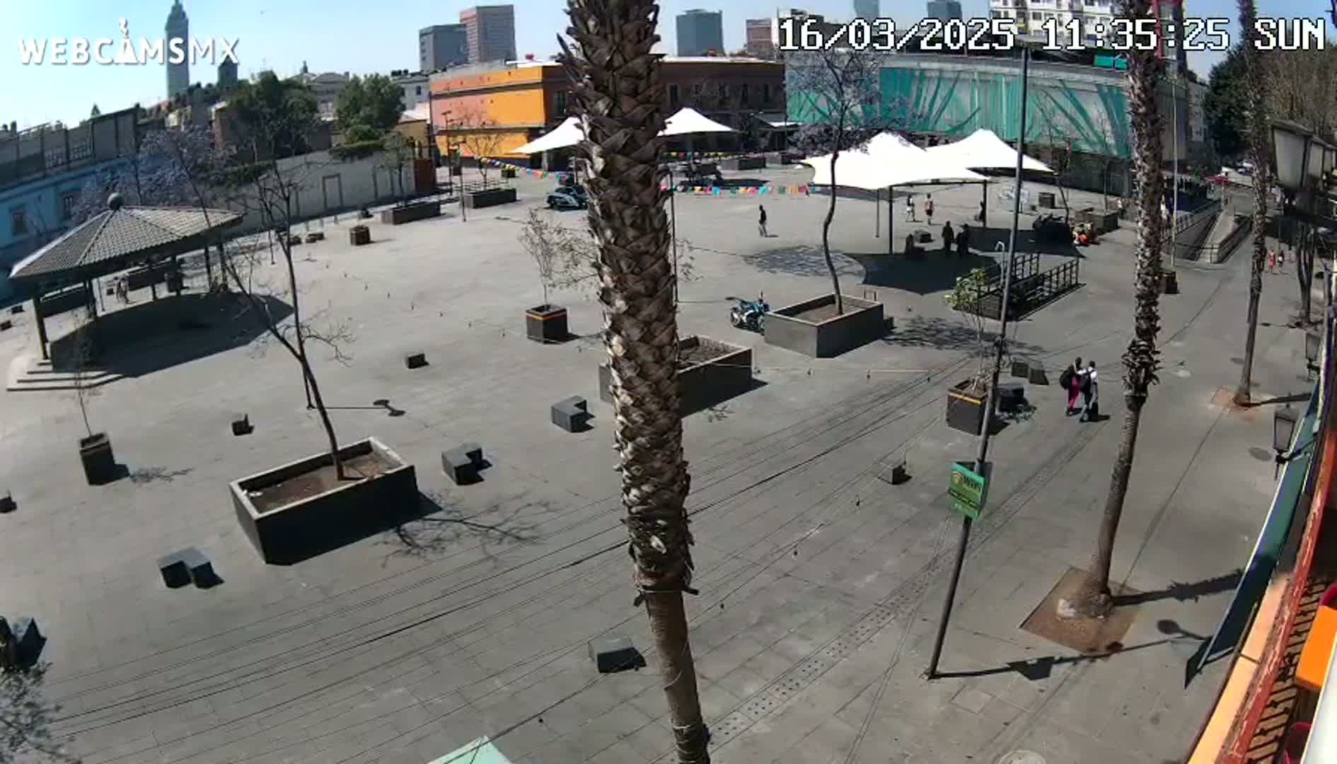 A mostly empty plaza with a few people, some trees and planters, and several buildings in the background on a sunny day.