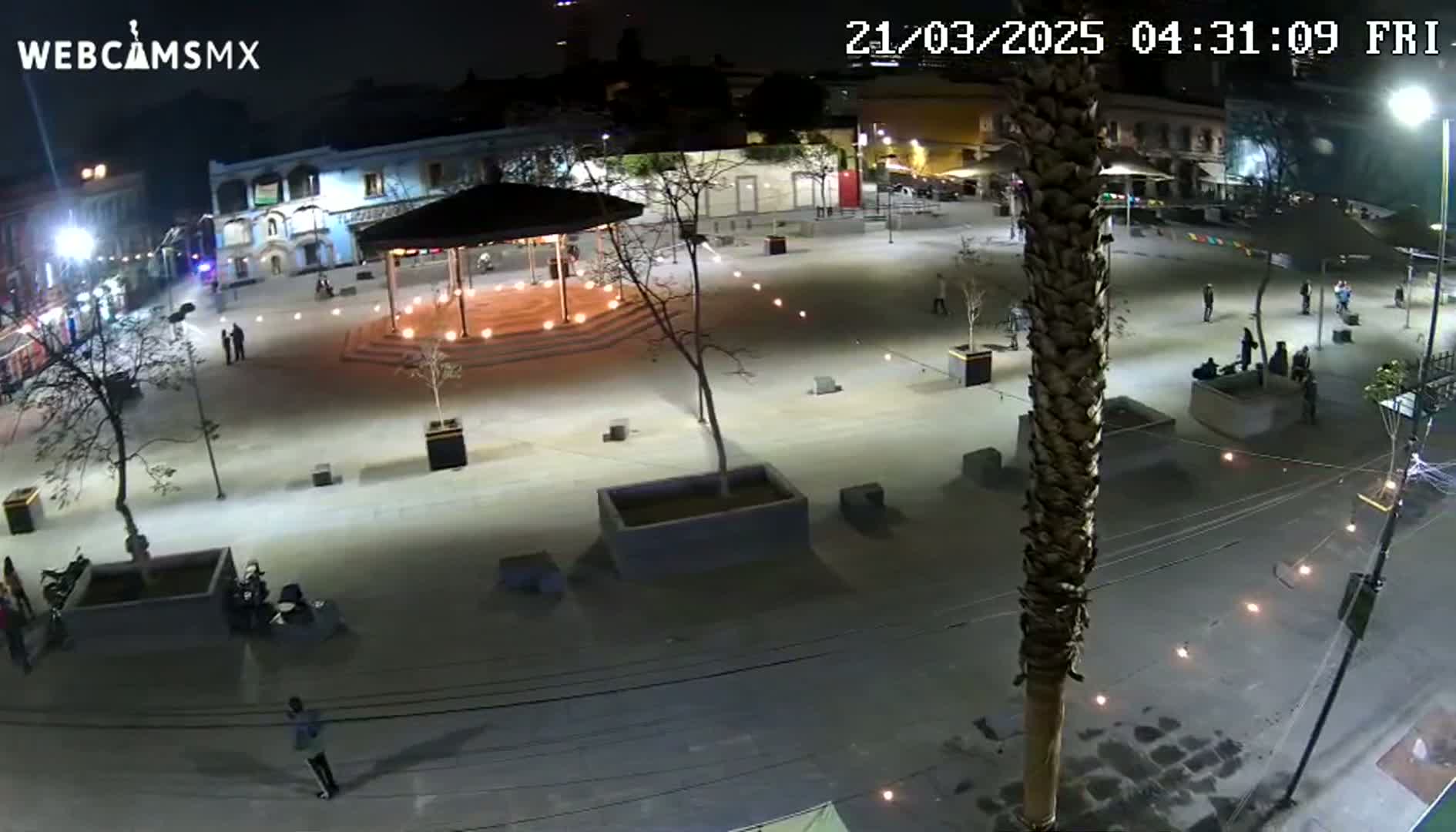 An empty plaza at night, illuminated by lights, features a gazebo in the center, a few people scattered around, and a tall palm tree.