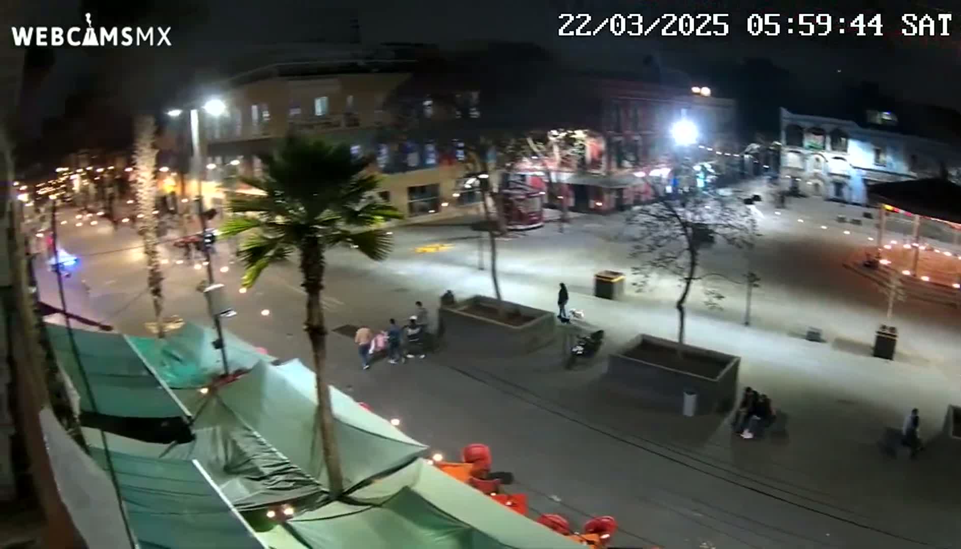 A nighttime, city street scene shows a few pedestrians and parked vehicles near buildings with palm trees in planters, under bright lights.