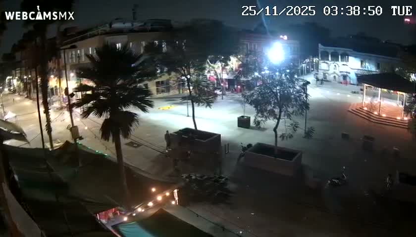 At night, a quiet city street and public square, illuminated by streetlights, feature buildings, palm trees, a gazebo, and a few individuals under a clear sky.