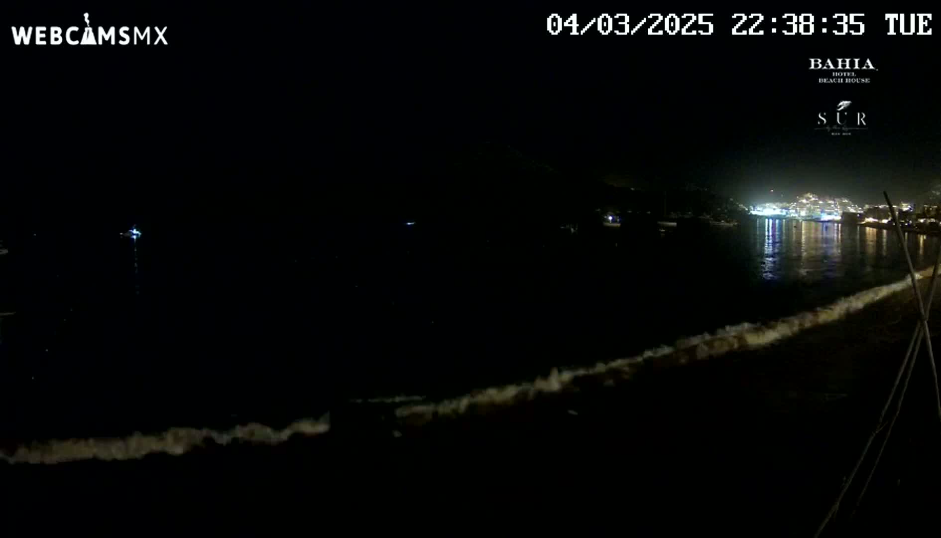 A nighttime view of a dark ocean with small waves lapping the shore, illuminated by city lights across the water.