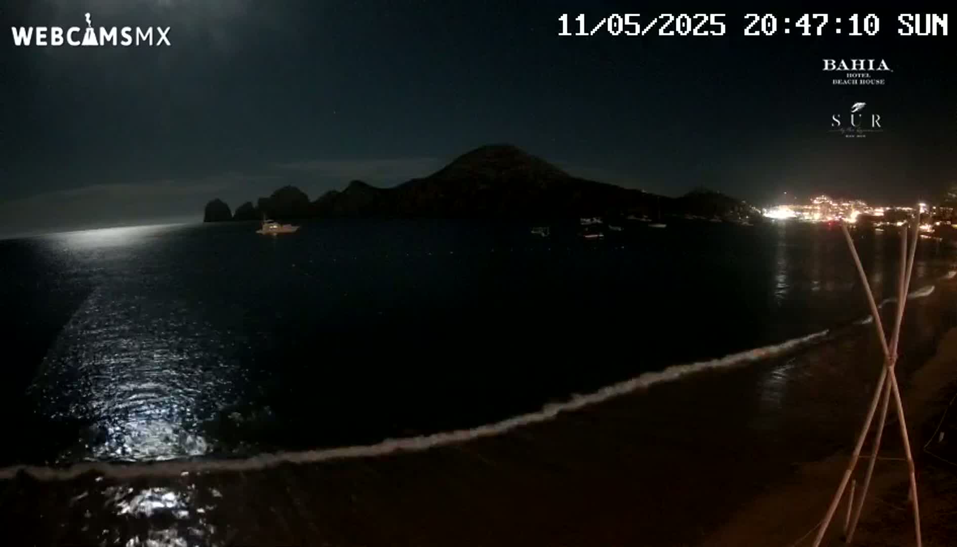 A moonlit night scene shows a dark body of water with gentle waves lapping a sandy shore, a boat on the water, and a silhouetted hill in the background under a mostly clear night sky.