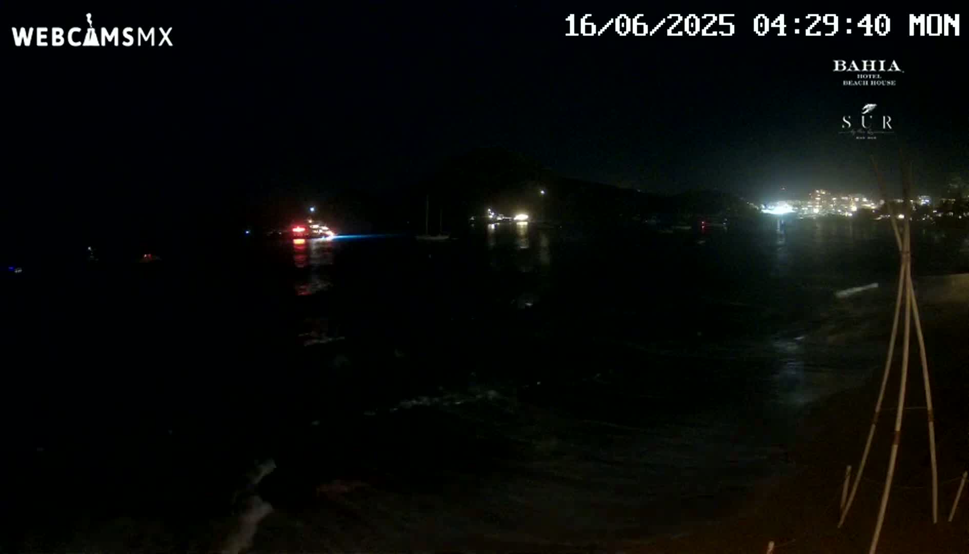 A nighttime beach scene shows dark water with small waves lapping the shore under a clear, dark sky; lights from buildings are visible in the distance.