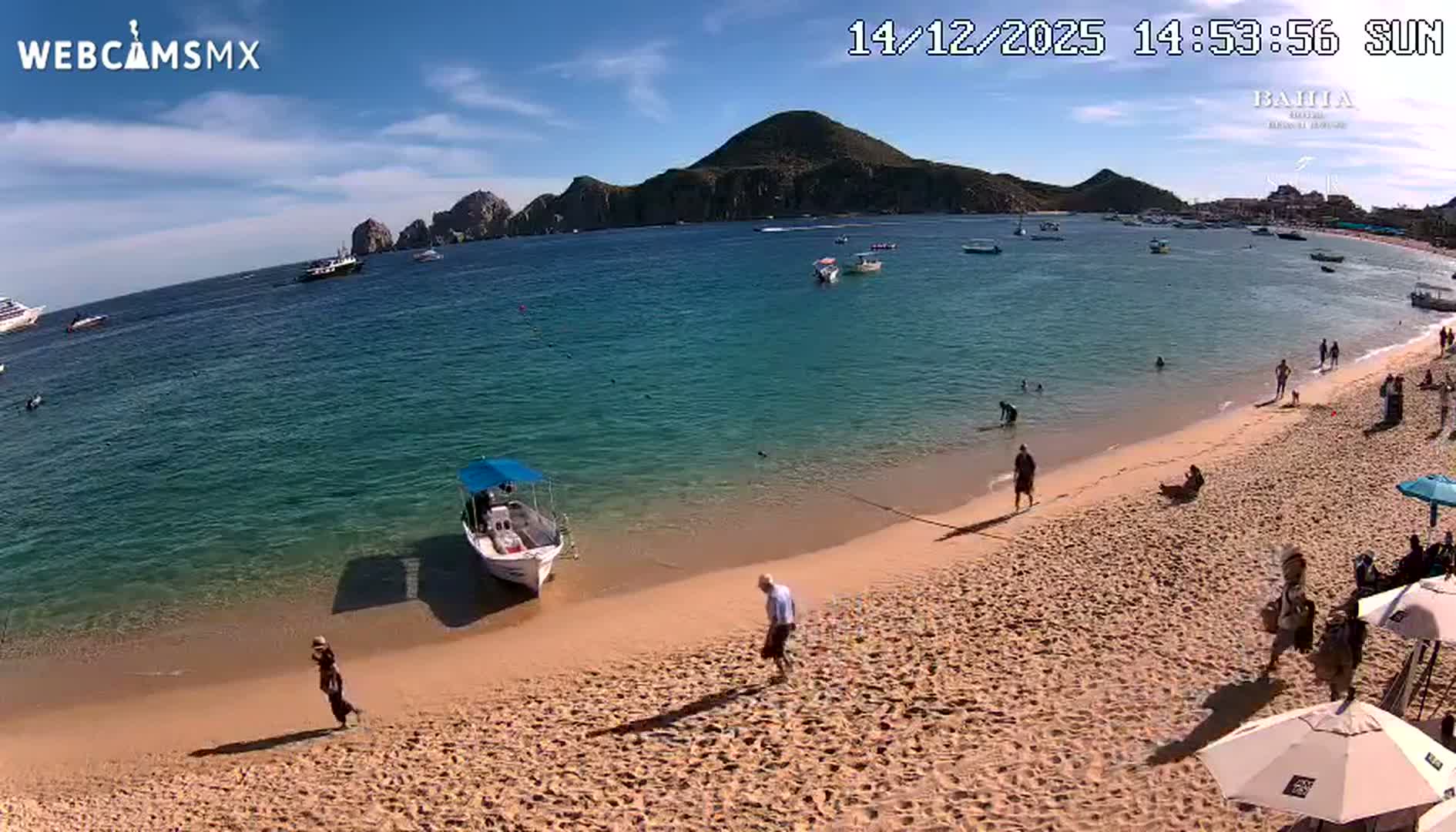 A nighttime view of a beach features gentle waves washing ashore, with distant city lights reflecting on the water and a few illuminated boats visible in the bay under clear skies.