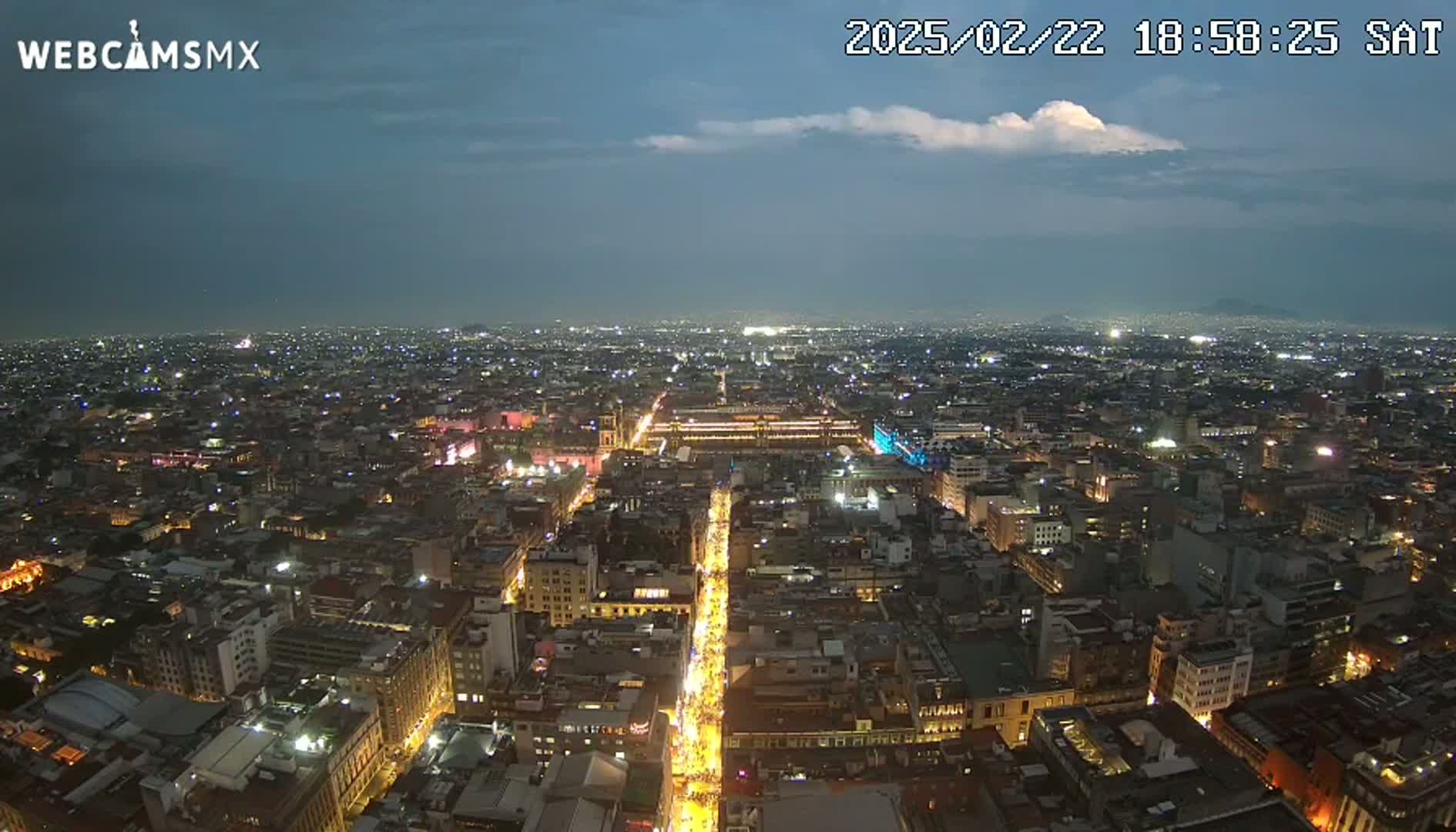 A nighttime, high-angle view of a sprawling city illuminated by countless lights under a partly cloudy sky.