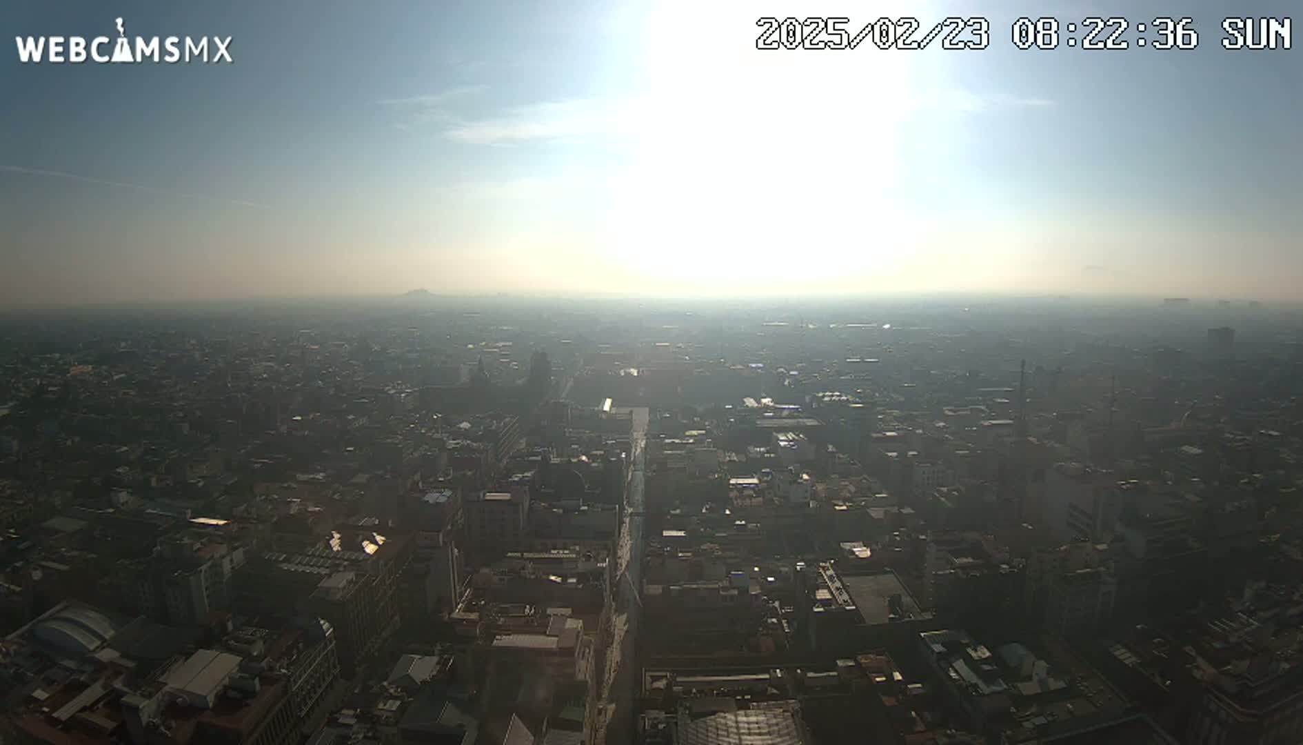 A hazy, sunny day reveals a sprawling cityscape viewed from a high vantage point.