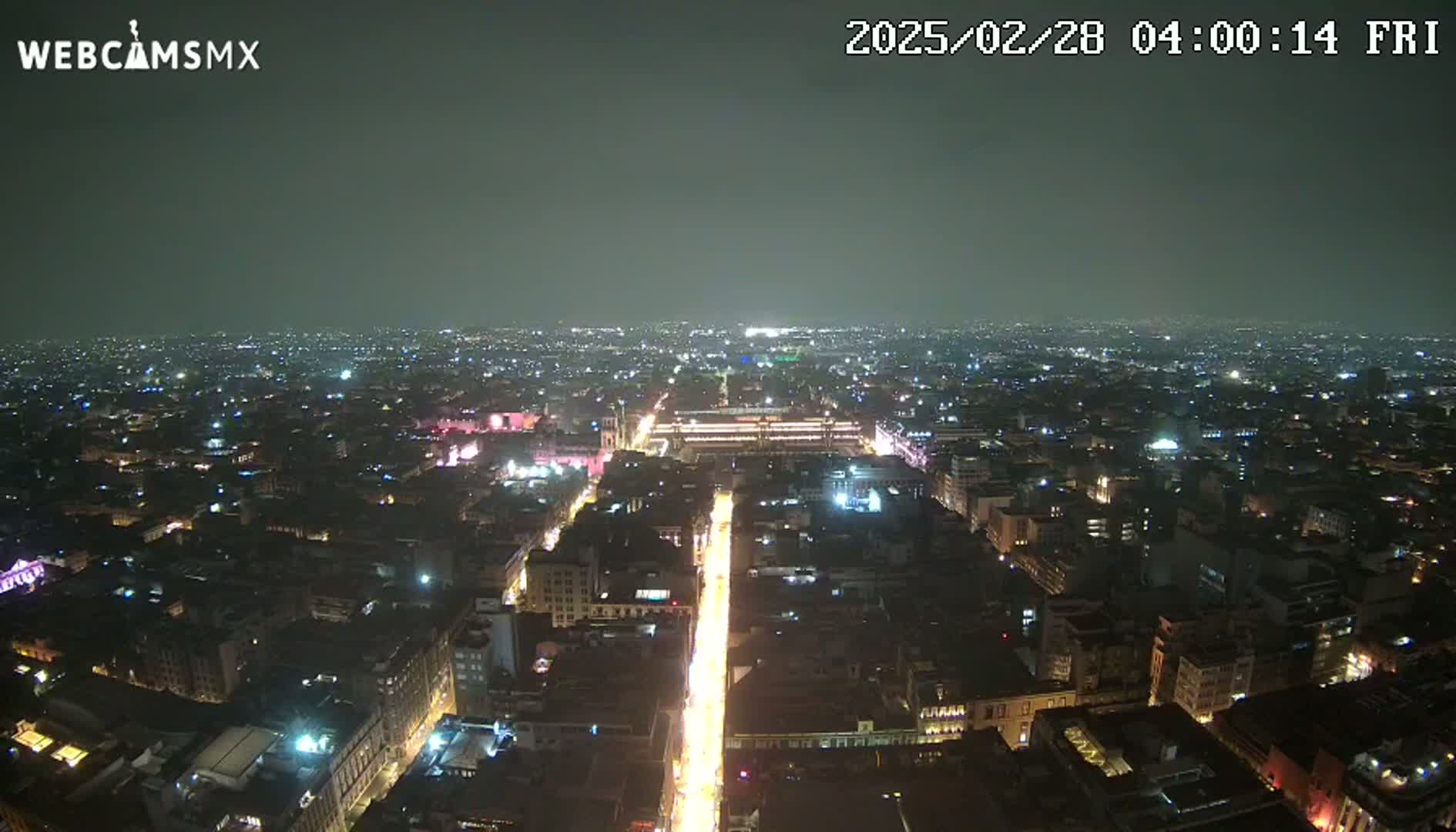 A nighttime, high-angle view of a sprawling city illuminated by streetlights and building lights under a dark, hazy sky.