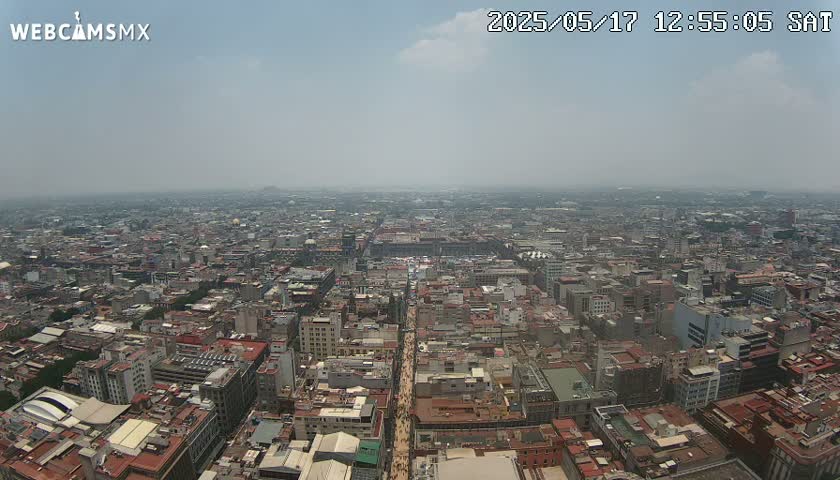 A hazy, high-angle view shows a vast expanse of a dense city under a mostly clear sky.