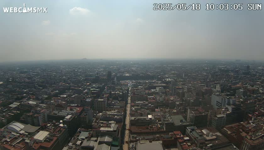 A hazy, sunny day reveals a vast cityscape stretching to the horizon, viewed from a high vantage point.