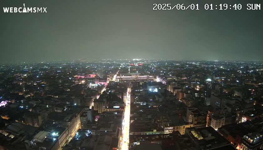 A nighttime aerial view of a sprawling city with dimly lit buildings and streets, under a hazy sky.