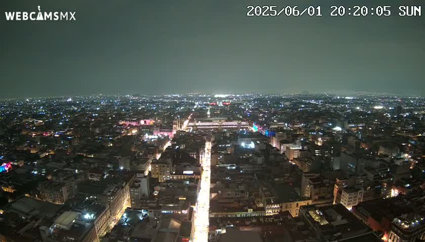 A nighttime aerial view of a sprawling city with numerous lights illuminating the streets and buildings under a clear, dark sky.