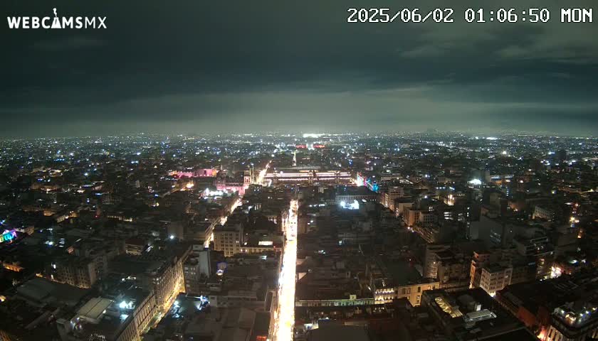 A nighttime aerial view of a sprawling city with a cloudy sky shows brightly lit streets and buildings stretching to the horizon.