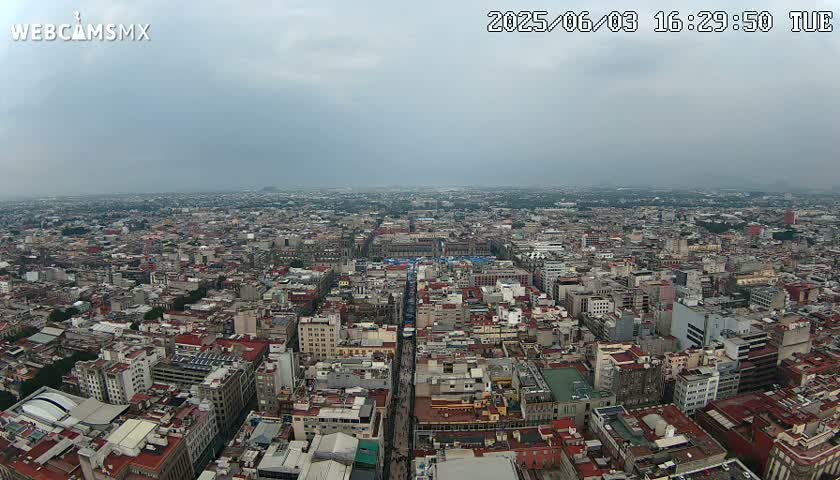 A high-angle, long shot shows a sprawling city under an overcast sky.