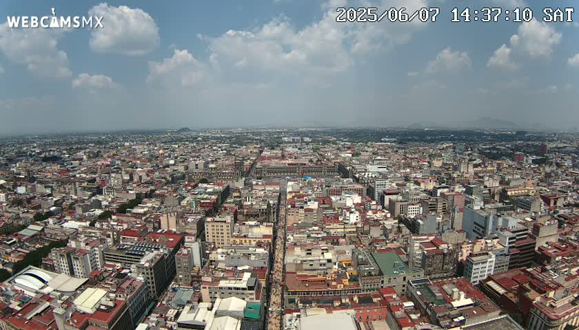 A high-angle, wide view of a sprawling city on a partly cloudy day shows a long, straight street cutting through the dense urban landscape.