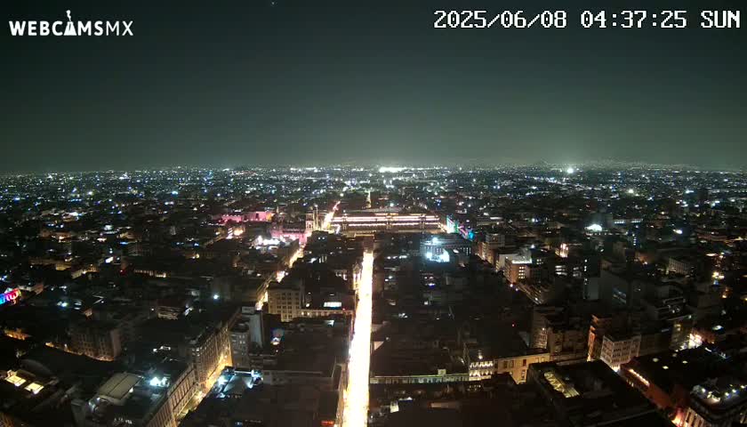 A nighttime aerial view of a sprawling city with brightly lit streets and buildings under a clear sky.