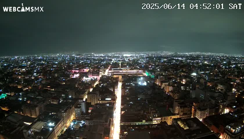 A nighttime aerial view shows a sprawling city illuminated by countless lights, under a dark sky.
