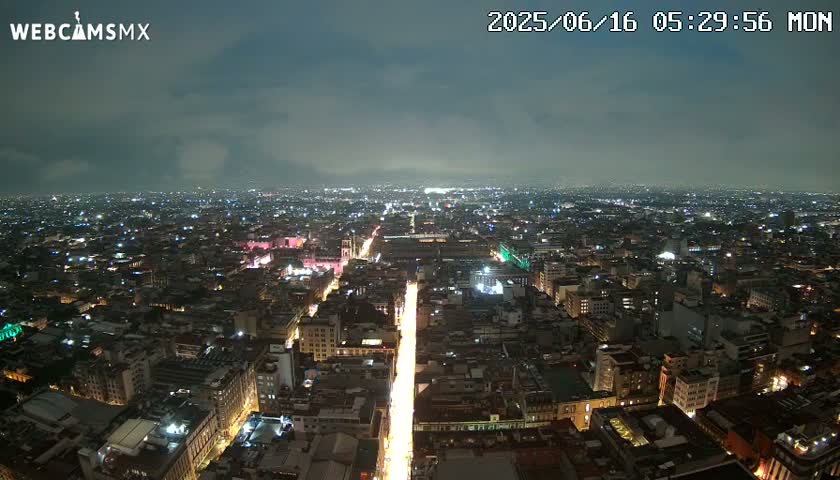 A nighttime, aerial view of a sprawling city under a cloudy sky shows brightly lit streets and buildings extending to the horizon.