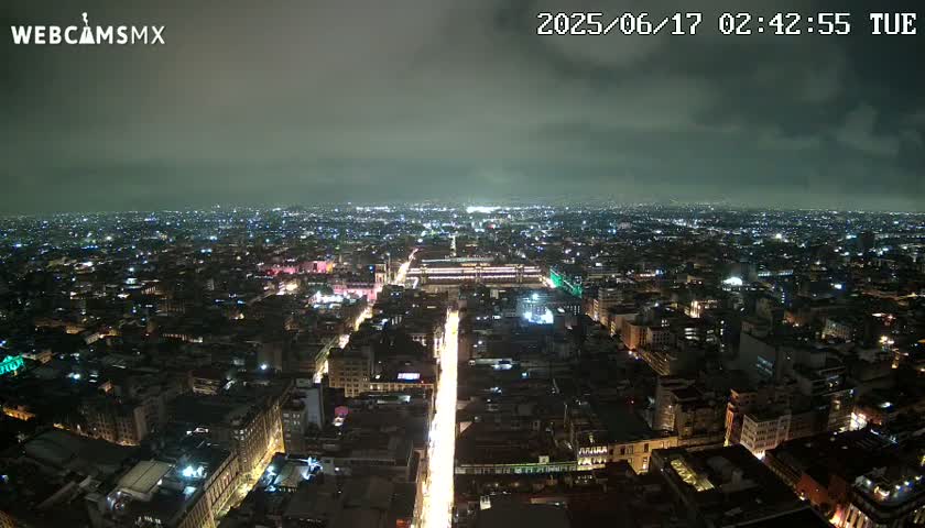 A nighttime, aerial view of a sprawling city under a cloudy sky, showing brightly lit streets and buildings.
