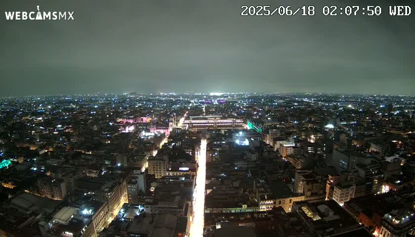 A nighttime, high-angle view shows a sprawling city with brightly lit streets and buildings under a dark, overcast sky.