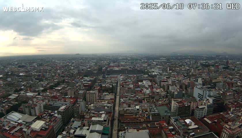 A high-angle, long shot of a sprawling city under an overcast sky shows a wide avenue cutting through a dense urban landscape.