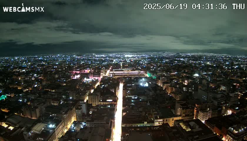 A nighttime aerial view shows a sprawling city illuminated by countless lights under a cloudy sky.