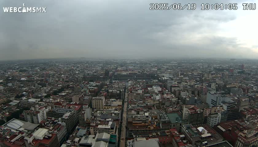 A high-angle, long shot of a sprawling city under an overcast sky.
