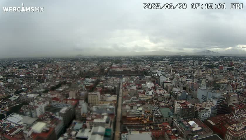 An overcast, hazy aerial view shows a sprawling city with many closely packed buildings under a gray sky.