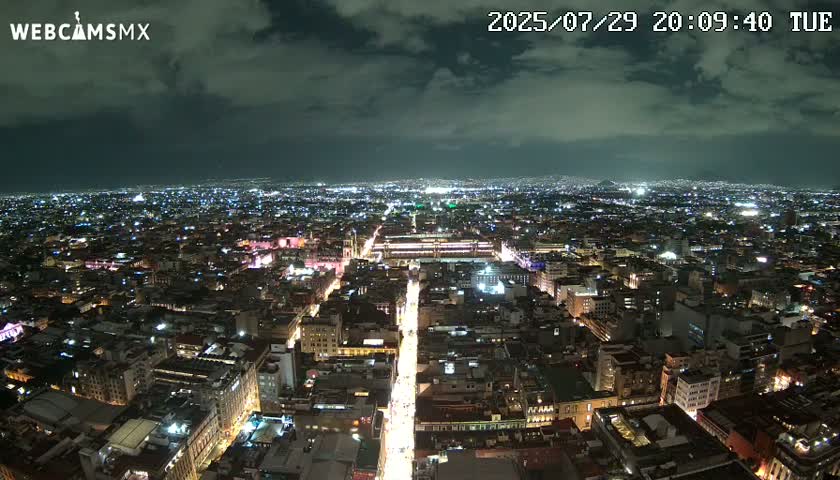 A nighttime, aerial view of a sprawling city with brightly lit streets and buildings under a clear, dark sky.