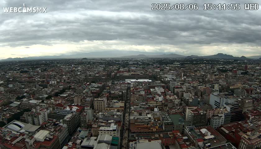 A high-angle, long shot shows a sprawling city under a cloudy sky with distant mountains visible on the horizon.