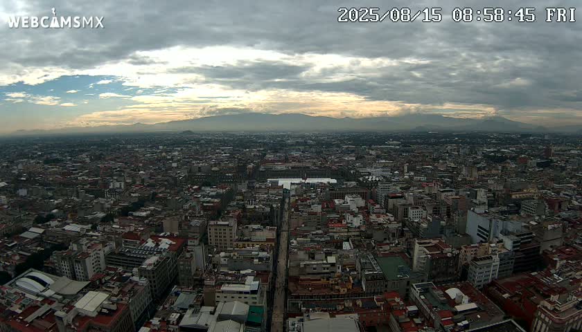 A high-angle, long shot shows a sprawling city under a cloudy sky with distant mountains visible on the horizon.